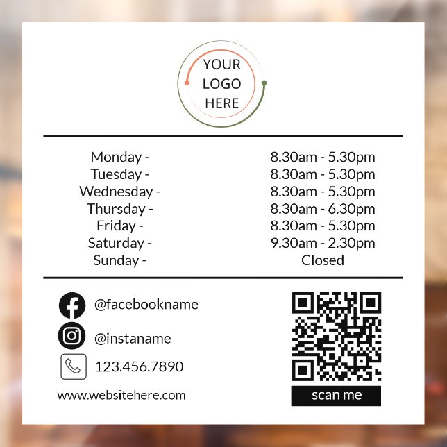 Custom Business Hours Window Cling with Logo & QR  (Sheet 2)