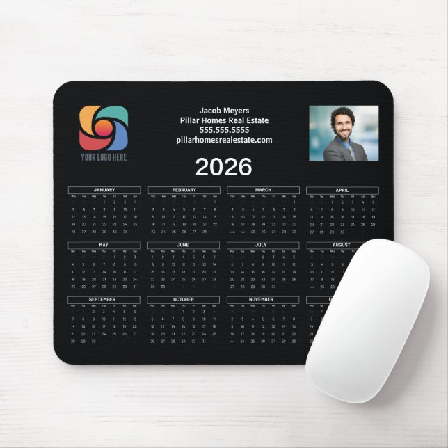 Custom Business Logo 2026 Calendar Black White Mouse Pad (With Mouse)