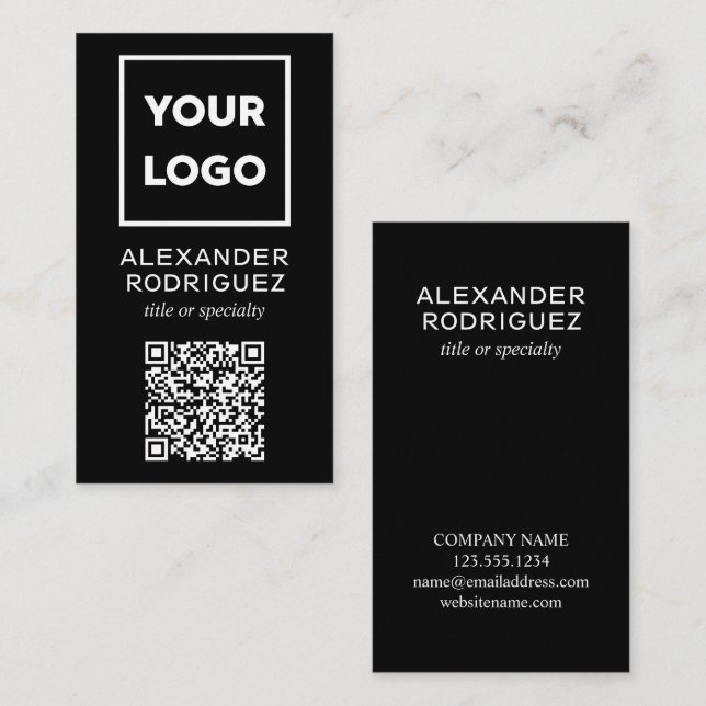 Custom Business Logo and QR Code Modern Black Business Card (Front/Back)
