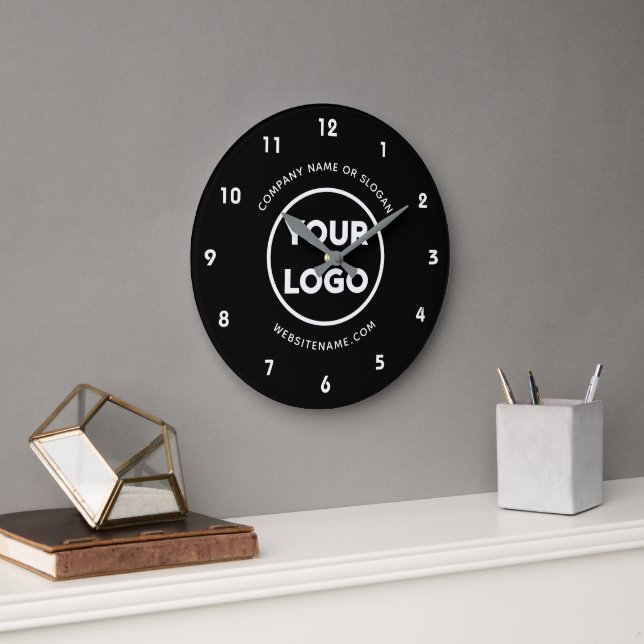 Custom Business Logo and Text Black Background Large Clock (Office)