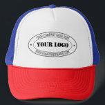 Custom Business Logo and Text Trucker Hat Gift<br><div class="desc">Custom Colours and Font - Your Business Logo Name Website or Custom Text Promotional Company or Modern Personal Stamp Design Trucker Hat / Gift - Add Your Logo - Image - Photo or QR Code / Name - Company / Website or other Info / text - Resize and move or...</div>