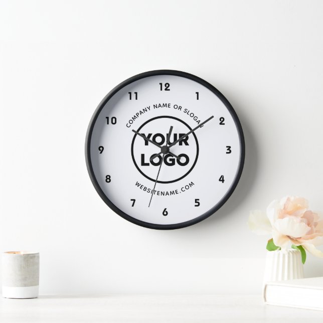Custom Business Logo and Text White with Black Rim Clock (Home)