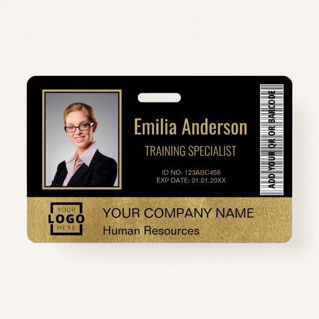 Custom Business Logo Bar Code Employee Photo Gold ID Badge (Front)