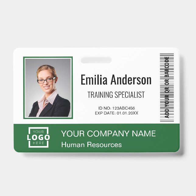 Custom Business Logo Bar Code Employee Photo Green ID Badge (Front)