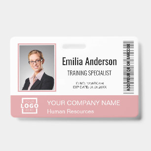 Custom Business Logo Bar Code Employee Photo Pink ID Badge