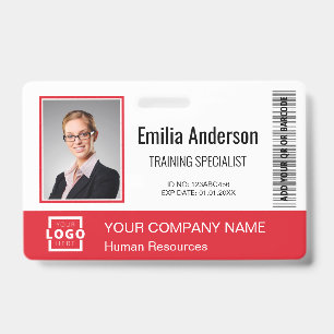 Custom Business Logo Bar Code Employee Photo Red ID Badge