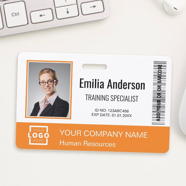 Custom Business Logo Barcode Employee Photo Orange ID Badge (Creator Uploaded)