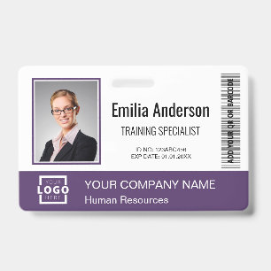 Custom Business Logo Barcode Employee Photo Purple ID Badge