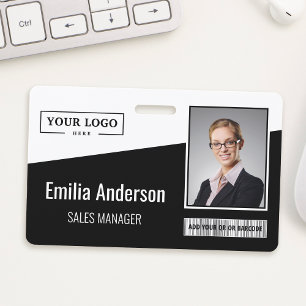 Custom Business Logo Barcode Photo Employee Black ID Badge