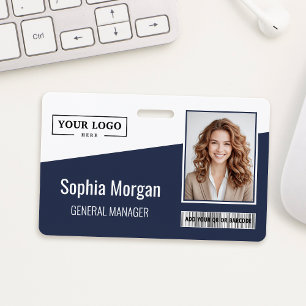 Custom Business Logo Barcode Photo Employee Blue ID Badge