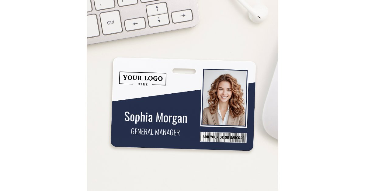 Custom Business Logo Barcode Photo Employee Blue ID Badge | Zazzle