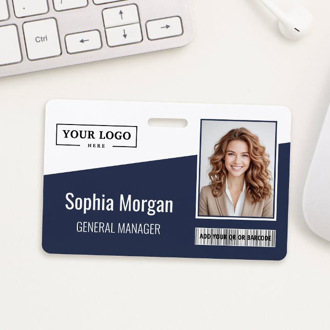 Custom Business Logo Barcode Photo Employee Blue ID Badge (Creator Uploaded)