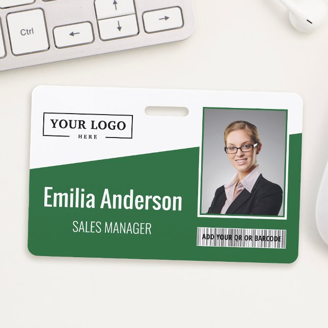 Custom Business Logo Barcode Photo Employee Green ID Badge (This badge is a smart way to identify your employees. It has your logo, barcode, and photo.)