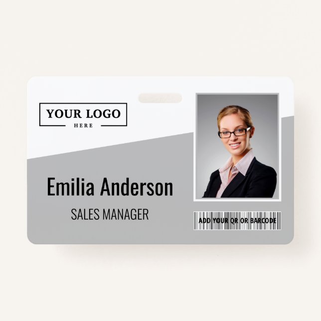 Custom Business Logo Barcode Photo Employee Grey ID Badge (Front)