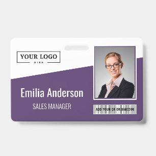 Custom Business Logo Barcode Photo Employee Purple ID Badge