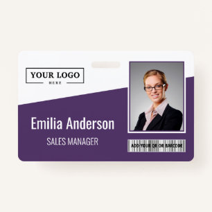 Custom Business Logo Barcode Photo Employee Purple ID Badge