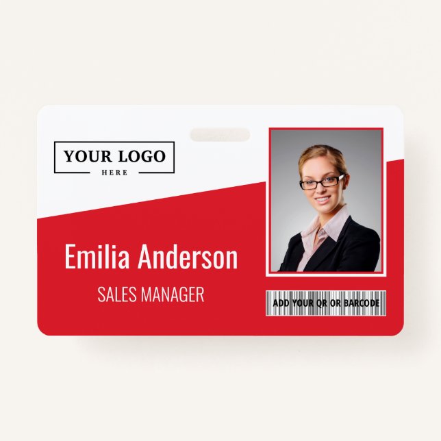 Custom Business Logo Barcode Photo Employee Red ID Badge (Front)
