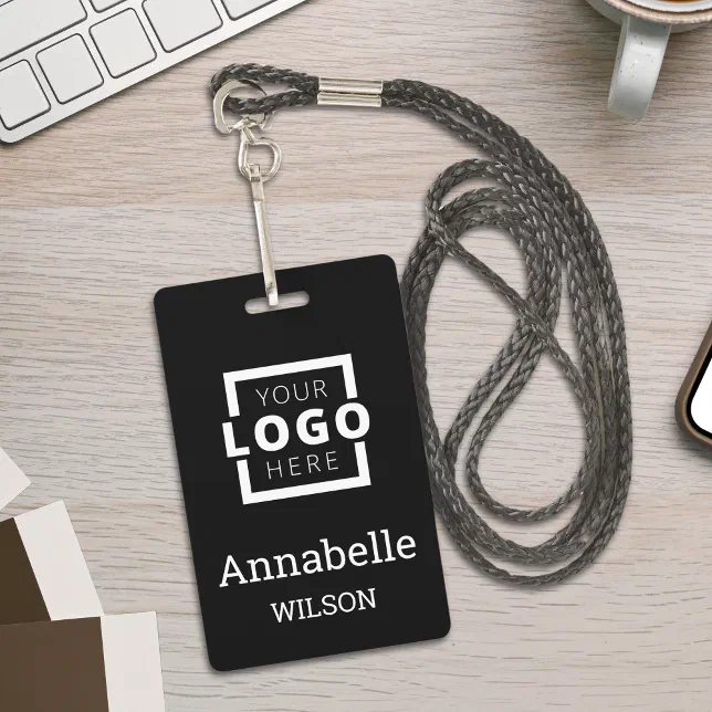 Custom Business Logo Basic Employee Name Black ID Badge | Zazzle