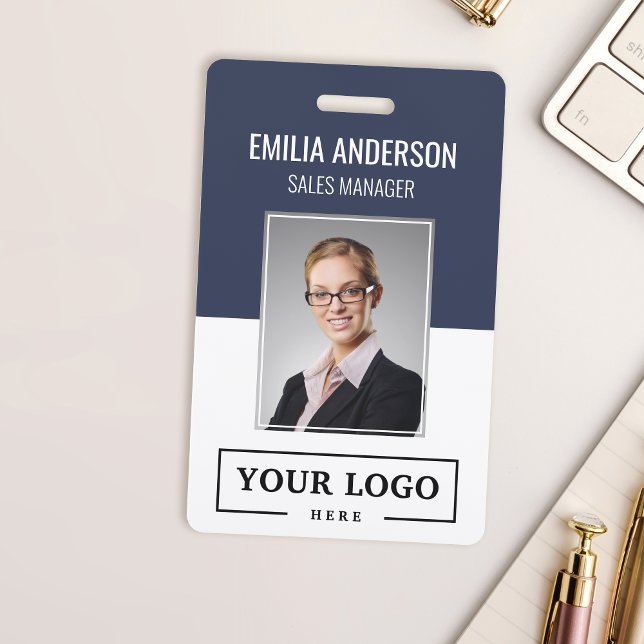 Custom Business Logo Basic Employee Photo Blue ID Badge (Creator Uploaded)