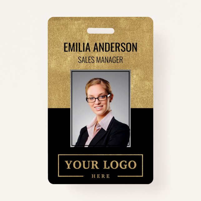 Custom Business Logo Basic Employee Photo Gold ID Badge (Front)