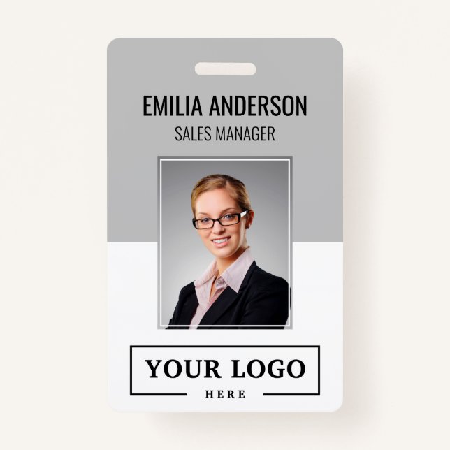 Custom Business Logo Basic Employee Photo Grey ID Badge (Front)