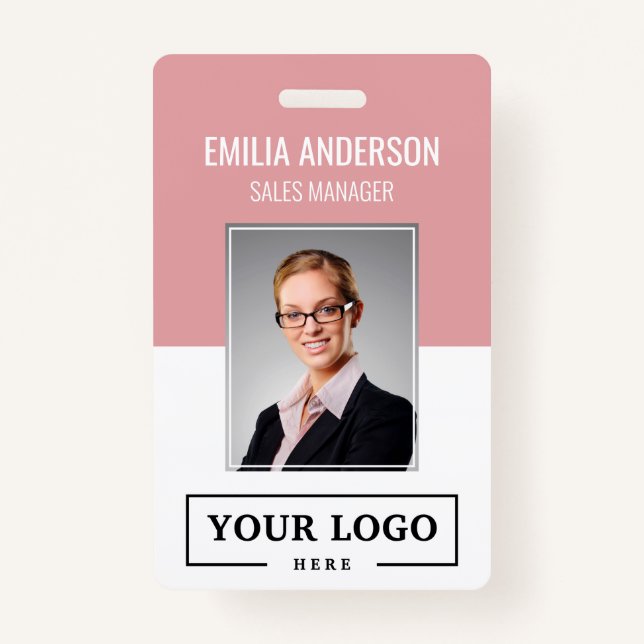 Custom Business Logo Basic Employee Photo Pink ID Badge (Front)
