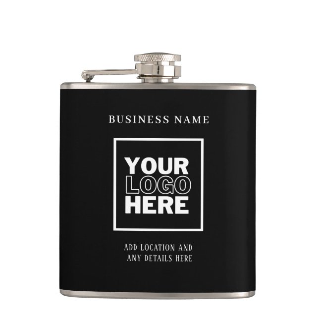 Custom Business Logo Black and White Branded Hip Flask (Front)