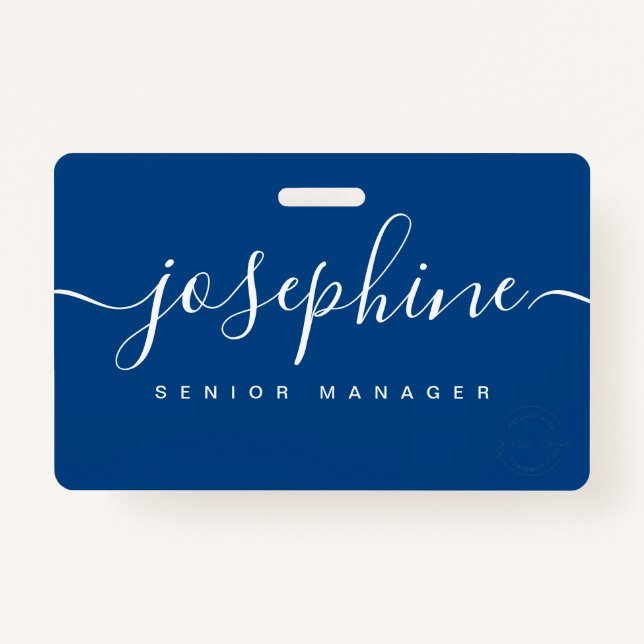 Custom business logo Elegant script name blue ID Badge (Front)