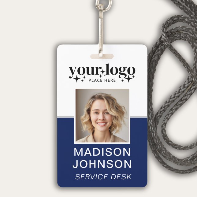 Custom Business Logo Employee Photo Blue ID Badge (Photo ID Employee Name Badge)
