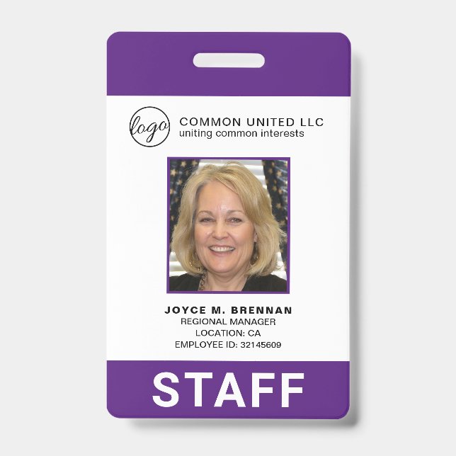Custom Business Logo Employee Purple Photo ID Badge (Front)
