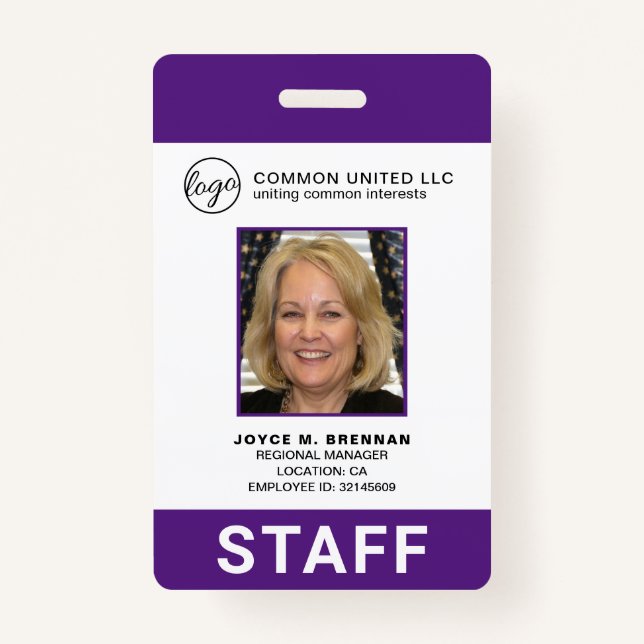 Custom Business Logo Employee Purple Photo ID ID Badge (Front)