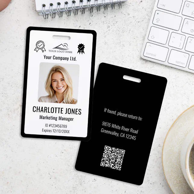 Custom Business Logo Employee QR Code Black ID Badge | Zazzle