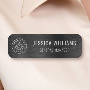 Custom Business Logo Faux Brushed Black Metal Name Tag