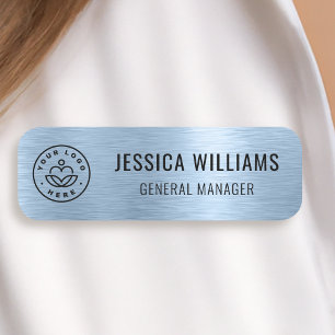 Custom Business Logo Faux Metallic Brushed Blue Name Tag