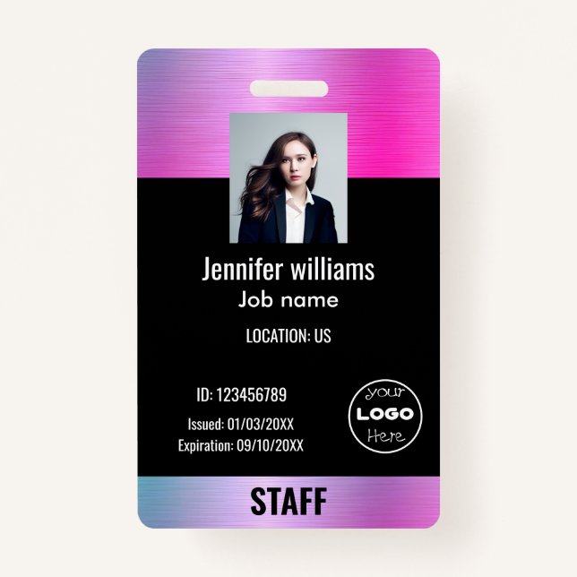 Custom Business Logo Glam  Purple & Black Photo ID ID Badge (Front)