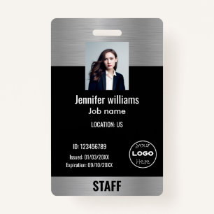 Custom Business Logo Glam Silver & Black Photo ID ID Badge