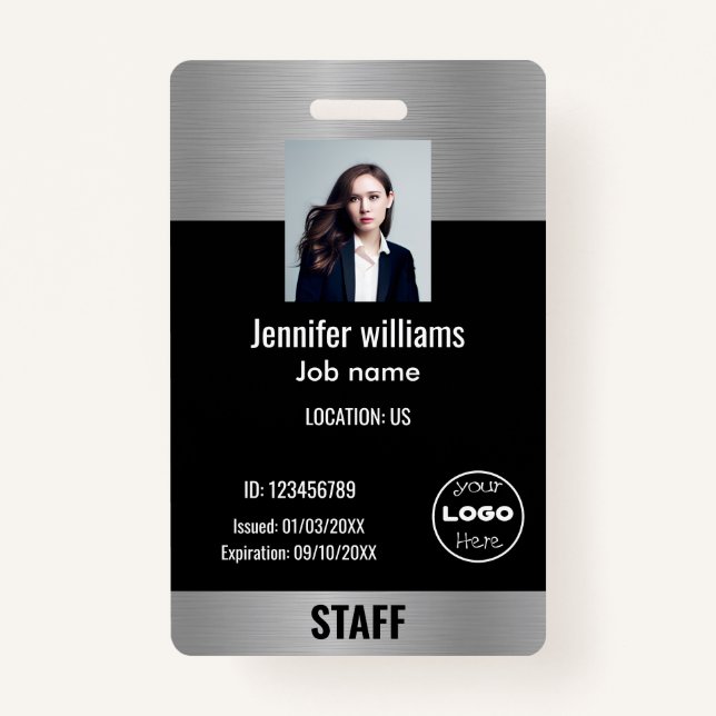 Custom Business Logo Glam Silver & Black Photo ID ID Badge (Front)