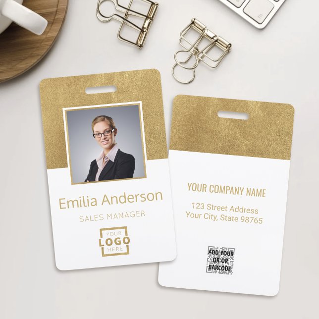 Custom Business Logo Gold Barcode Employee Photo ID Badge (Creator Uploaded)