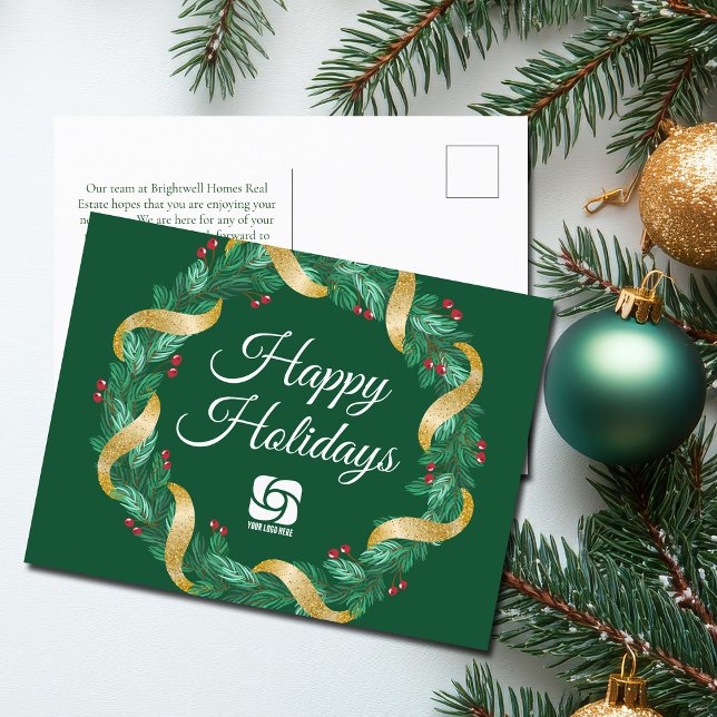 Custom Business Logo Green Christmas Wreath Holiday Postcard (Creator Uploaded)