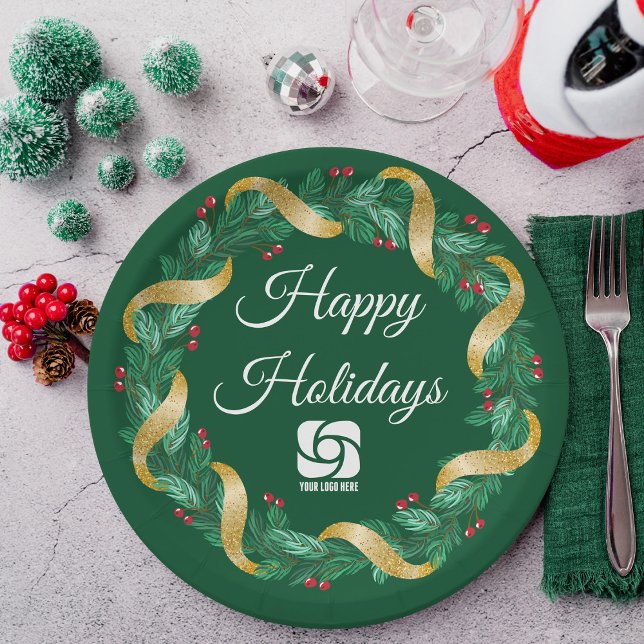 Custom Business Logo Green Christmas Wreath Paper Plate (Creator Uploaded)