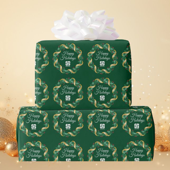 Custom Business Logo Green Christmas Wreath Wrapping Paper (Creator Uploaded)
