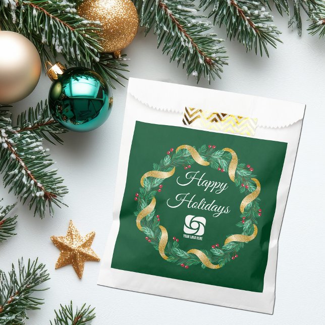 Custom Business Logo Green Wreath Holiday Party Favour Bag (Creator Uploaded)