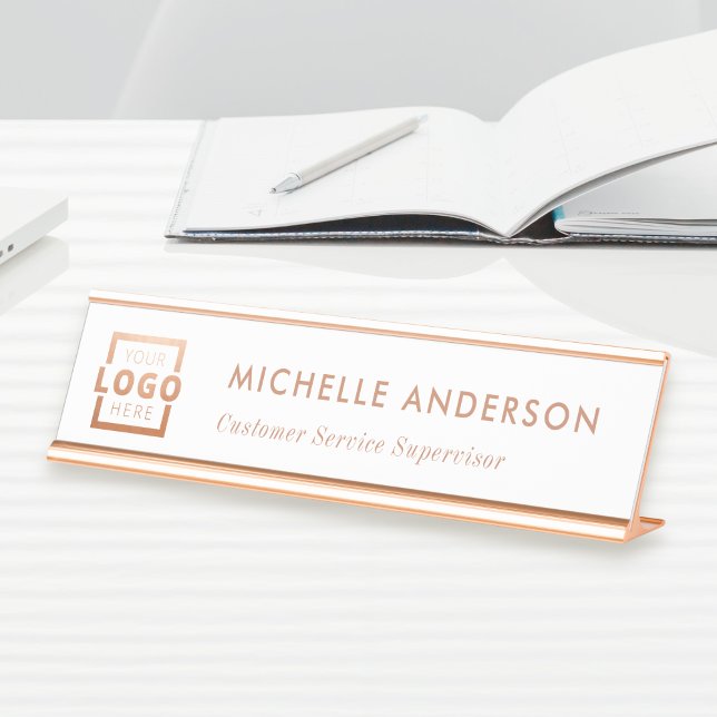 Custom Business Logo Modern Boss Rose Gold Desk Name Plate (This name plate is perfect for your office, it has a rose gold design with your name and custom logo)