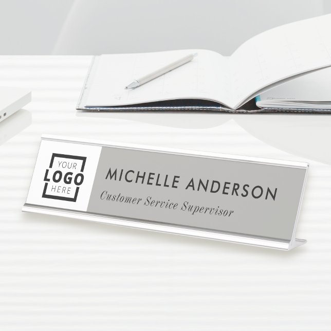 Custom Business Logo Modern Employee Grey Desk Name Plate (Creator Uploaded)