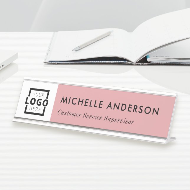Custom Business Logo Modern Employee Pink Desk Name Plate (Creator Uploaded)