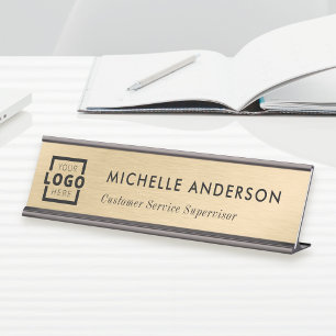 Custom Business Logo Modern Minimal Brushed Gold Desk Name Plate