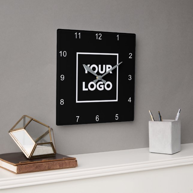 Custom Business Logo on Minimal Black Background Square Wall Clock (Office)