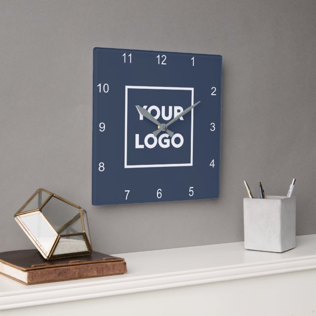 Custom Business Logo on Minimal Navy Blue Square Wall Clock (Office)