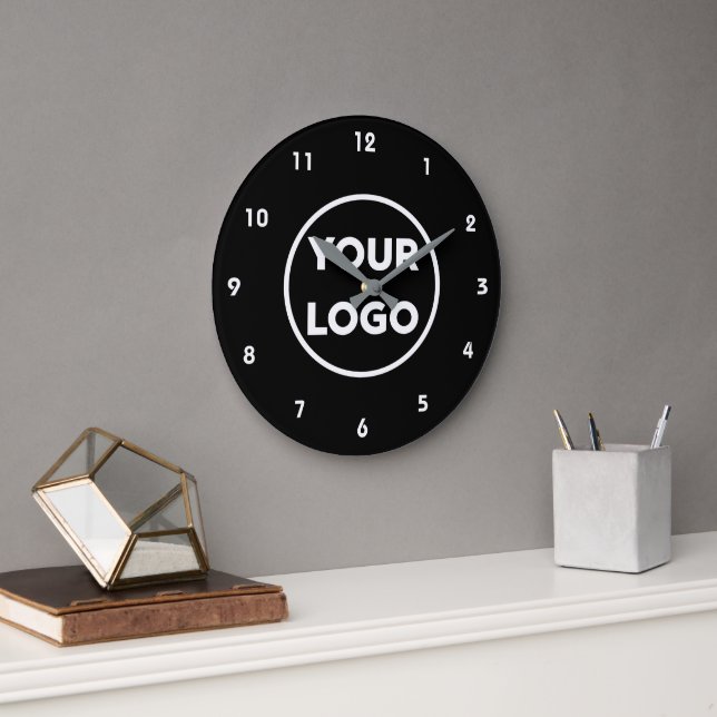Custom Business Logo on Simple Black Background Large Clock (Office)