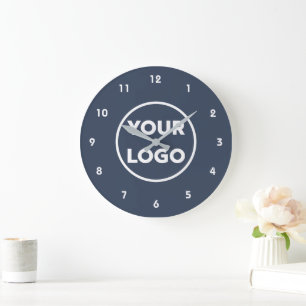Custom Business Logo on Simple Navy Blue Large Clock